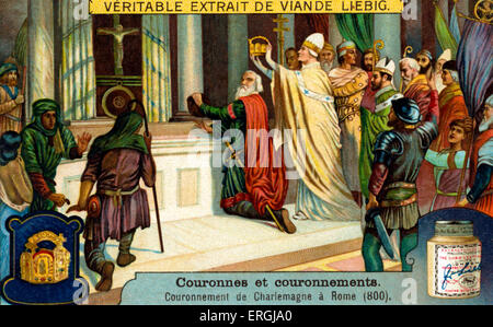 Charlemagne 's coronation in Rome as Holy Roman Emperor by Pope Leo III, 25 December 800.  Illustration from Liebig collectible Stock Photo
