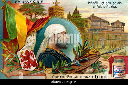 Menelik II- illustration, 1906. Pictured with his palace in Addis Ababa in Ethiopia. From Liebig collectible card (French series title: 'En Abyssinie'/'In Abyssinia'). N: Negus (Kng) of Shewa (1866–89) and Nəgusä Nägäst (emperor) of Ethiopia from 1889 to his death, 17 August 1844 – 12 December 1913. Stock Photo