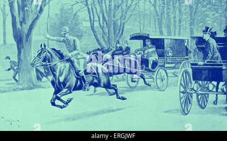 An accident in Central Park, New York, USA. Policeman on horseback makes way for the ambulance carriage. Late nineteenth-century illustration. Stock Photo