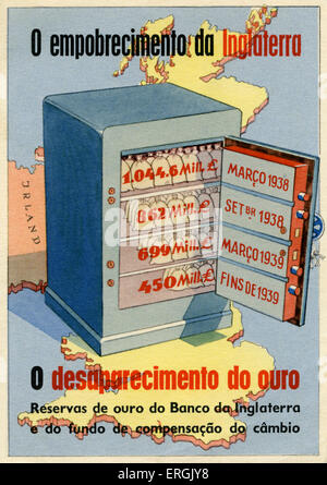 WW2: Portugeuse cartoon on shrinking British gold reserves between March 1938 and the end of 1939. Caption: 'O empobrecimento da Inglaterra. O desaparecimento do ouro. Reservas de ouro do Banco da Inglaterra e do fundo de compensacao do cambio' / 'The impoverishment of England. The disappearance of gold. Gold reserves of the Bank of England and the exchange clearing fund'. Stock Photo