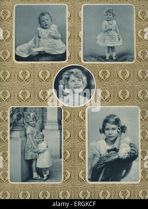 Elizabeth II (1926-) as a child. Top left is captioned '1926, when a few months old'; top right ;1928, when she was two'; Stock Photo