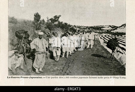 5000 Japanese coolies during Russo-Japanese War (1904- 1905)  at a rest point near Ping-Yang. Slaves/ manual labourers. French Stock Photo