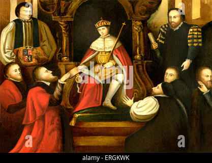 King Edward VI ( 2 October 1537 – 6 July 1553). Seen confirming his father's (Henry VIII) gift of Christ's Hospital to the City of London in mid 16th century. Stock Photo