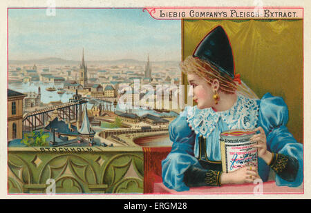 A woman in traditional  dress looking out over Stockholm , Sweden. Liebig card, 1895. Stock Photo