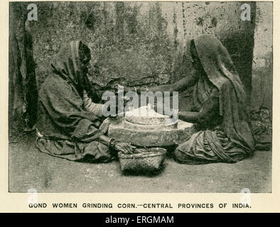 Gondi women grinding corn. Photograph from early 20th century. The Gondi people are native to India's central states, with dense populations in Madhya Pradesh and Maharashtra. Adjacent quotation reads: 'In my judgment, Christian missionaries have done more real and lasting good to the people of India than all other agencies combined. They have been the salt of the country, and the true saviours of the Empire', attributed to Sir A. Rivers Thompson, Governor of Bengal. Stock Photo