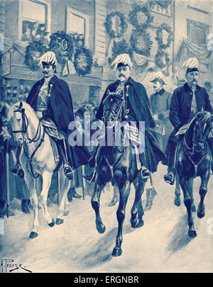 Edward VII in Queen Victoria 's funeral procession, 2nd February 1901 - from illustration by A. Pearse. To his left, the Duke of Connaught, to his left the German Emperor, Wilhelm II. QV: monarch of the United Kingdom of Great Britain and Ireland from 20 June 1837 until her death and Empress of India, 24 May 1819 – 22 January 1901. EVII: King of the United Kingdom and the British Dominions and Emperor of India from 22 January 1901 until his death, 9 November 1841 – 6 May 1910. Stock Photo
