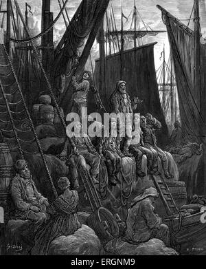 Off Billingsgate. Shows men on a boat singing to entertain themselves. Engraving by Gustave Doré, from 'London, a Pilgrimage, by Gustave Doré and Blanchard Jerrold', 1872. Stock Photo