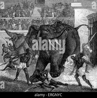 Roman Circus. Crowds watch slaves fighting elephants with swords. Stock Photo