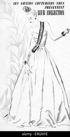 French fashion, evening dress by Jeanne Lanvin: strapless gown with full skirt with a wide sash embroidered with jewels. Feature entitled 'Les grands couturiers et leur collections' / The great designers and their collections. From Marie Claire, women 's magazine, No.82, September 23, 1938. Jeanne Lanvin, French fashion designer, 1 January 1867 – 6 July 1946. Stock Photo