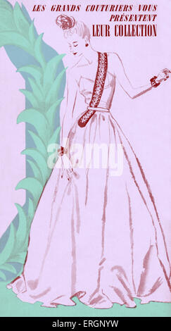 French fashion, evening dress by Jeanne Lanvin: strapless gown with full skirt with a wide sash embroidered with jewels. Feature entitled 'Les grands couturiers et leur collections' / The great designers and their collections. From Marie Claire, women 's magazine 1938. Jeanne Lanvin, French fashion designer, 1 January 1867 – 6 July 1946. Stock Photo