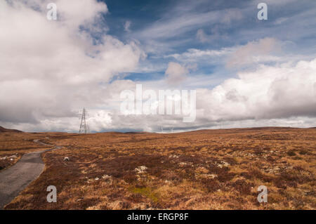 Glenkyllachy forest showing the electricity pylons and Farr wind farm turbines in the distance spoiling the scene. Stock Photo