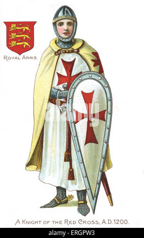 Knight of the Red Cross / Knights Templar, 1200. Medieval soldier of the crusades, wearing a cape, gown and shield adorned with Stock Photo