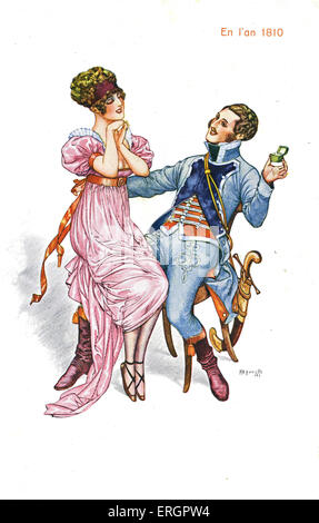 Marriage proposal, 1810. Couple in typical 19th century dress. The man carries a sword (possibly a soldier?). Stock Photo