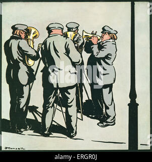 Group of men in suits and flat caps playing brass instruments. After the illustration by John Robert Monsell. Clear copyright Stock Photo