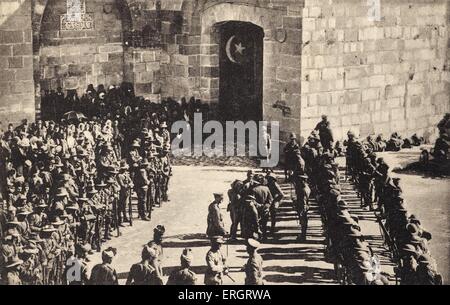 General Allenby 's entrance into Jerusalem through Jaffa Gate - soldiers standing in ranks ready for his arrival in 1917. During World War One. British Army. Stock Photo