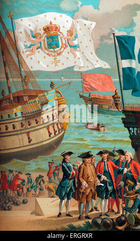 The Royal Flag of France (national flag), galley flag (red) and flag of the merchant navy (blue with white cross). Engineers and navy designers in foreground (Engineer André, borthers La Rose) of French 18th century port and quays. During reign of Louis XV. Stock Photo