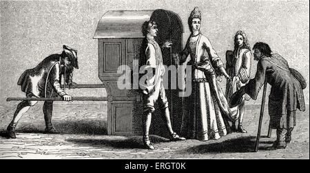 Daily life in French history: a lady dressed fashionably getting into her sedan-chair with the help of her servants. Stock Photo