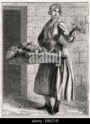Daily life in French history: a flower seller in 18th century Paris, France. Working class, poor, rustic, livelihood, during Stock Photo