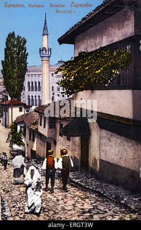 Sarajevo, capital city of Bosnia Herzegovina - view of the city hall from a side street in the early 20th century. Coloured Stock Photo