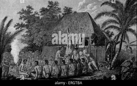 Captain James Cook - illustration of 'an offering before Captain Cook, in the Sandwich Islands' showing natives in a circle Stock Photo
