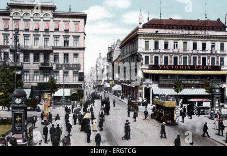 Berlin at the turn of the 20th century. Unter den Linden, Friedrichstrasse. Photograph of trams and horse drawn carriages. Stock Photo