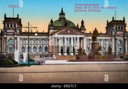 Reichstag - Berlin, Germany. Seat of the German parliament, opened in 1894. Early 20th century postcard. Illustration showing Stock Photo