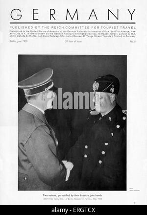 Adolf Hitler and Benito Mussolini shaking hands May 1938 - From travel brochure published by the Third Reich Committee for Stock Photo