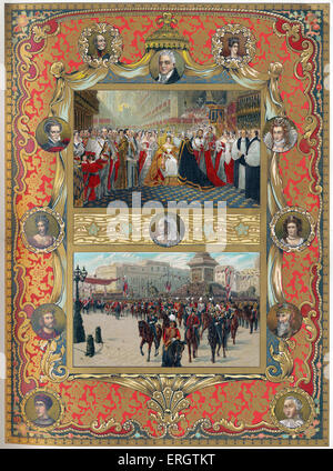 Queen Victoria of England - Her Majesty 's coronation (top,1837) and jubilee procession (bottom, 1887). 24 May 1819 – 22 January 1901. With portraits of Duke of Kent, Mary I, Mary II, Henry III, Henry VI, William IV, Queen Victoria, Duchess of Kent, Queen Elizabeth, Queen Anne, Edward III and George III. Stock Photo