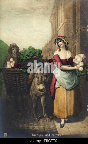 London tradesman selling Turnips and Carrots . Donkey carrying baskets of vegetables. Woman purchasing them. Countryman selling produce in the city.c. 1794. Stock Photo