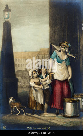 London tradeswoman selling milk 'Milk below, maids!' by Francis Wheatley. 1747 -1801. Cries of London 1794. Children coming to Stock Photo