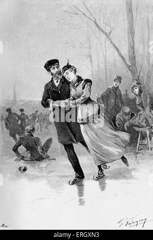 Anna Karenina by Lev Nikolayevich Tolstoy. Illustrations by Paul Frenzeny. Caption reads: 'Levin and Kitty on the ice'. LNT Stock Photo