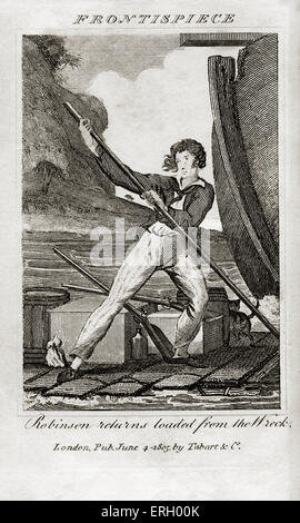 The Life & Adventures of Robinson Crusoe by Daniel Defoe.Frontispage 'Robinson returns loaded from the Wreck'. Publiished Stock Photo