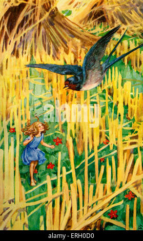 Hans Christian Andersen's fairy tale, Tommelise. Caption reads: 'The little swallow was flying past' (Tommelise and the Stock Photo