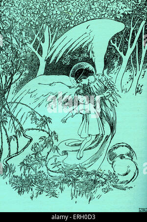Hans Christian Andersen's fairy tale, The Angel. Caption reads: 'Poor tree ! Said the child.' (angel and child in a glade). Stock Photo