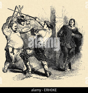 Alexandre Dumas 'The Three Musketeers' - Caption reads: 'His two auditors, accompanied by the host, fell upon d'Artagnan with Stock Photo