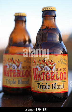 Bottles of Waterloo Triple Blond which is a Belgium beer commemorating the 200th anniversary of the battle of Waterloo 1815-2015 Stock Photo