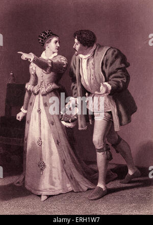 Much Ado About Nothing (Act IV Scene 1), play by William Shakespeare. Benedick and Beatrice. 'Beatrice: Talk with a man out at a window? A proper saying! Benedick: Nay, but, Beatrice.' Painted by J D Watson, engraved by W Ridgway. William Shakespeare, English poet and playwright, baptised 26 April 1564 – 23 April 1616. From 'Tales from Shakespeare' by Charles and Mary Lamb, 1807. Stock Photo