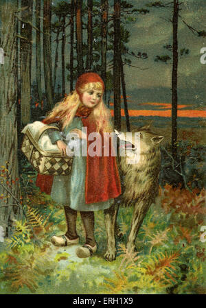Little Red Riding Hood walking through the forest and meeting the wolf. . Grimm brothers story. German illustration. Stock Photo