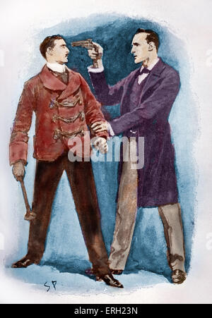 Dr Watson stopping a villain in his tracks, in The Adventures of Sherlock Holmes, by Arthur Conan Doyle. Illustration captioned 'I clapped a pistol to his head'. First published 1892. Detective, mystery, story, gun. Colourised version. Stock Photo