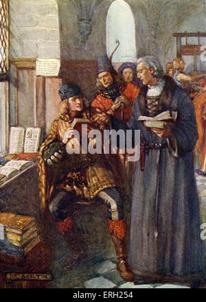 William Caxton, first person to introduce a printing press to England and the first English retailer of books. Caption reads: Stock Photo