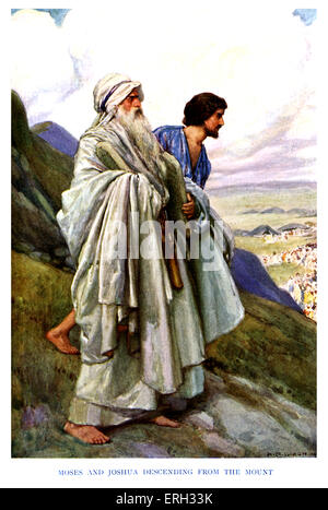 Moses on the Mount - caption reads, 'Moses and Joshua descending from the Mount.' Exodus 24:13, 'And Moses rose up, and his Stock Photo