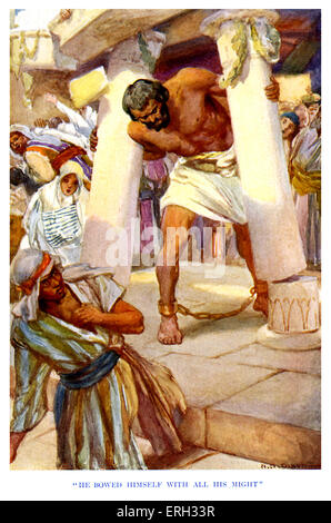 The Death of Samson - caption reads, 'Samson bowed himself with all his might.' Judges 16:30, 'Samson said, 'Let me die with the Philistines!' Samson pulls down the temple of the Philistines at Gaza, killing himself and his enemies inside the building. (From The Old Testament Story). c. 1920s. Illustrations by Arthur A. Dixon. AD: English artist: 1892 - 1927. Stock Photo