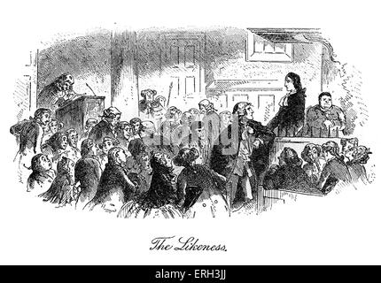 A Tale of Two Cities by Charles Dickens, published in 1859. Illustration by Hablot K. Browne (Phiz), 1815 - 1882. Caption reads: 'The Likeness'. A witness confuses Charles Darnay with the barrister Sydney Carton, leading to Darnay being acquitted of treason. CD: 7 February 1812 – 9 June 1870. Stock Photo