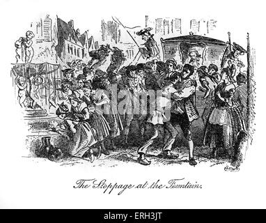 A Tale of Two Cities by Charles Dickens, published in 1859. Illustration by Hablot K. Browne (Phiz), 1815 - 1882. Caption reads: 'The Stoppage at the Fountain'. The carriage carrying the angry Marquis St. Evrémonde accidentally runs over a child. CD: 7 February 1812 – 9 June 1870. Stock Photo
