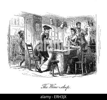 A Tale of Two Cities by Charles Dickens, published in 1859. Illustration by Hablot K. Browne (Phiz), 1815 - 1882. Caption reads: 'The Wine Shop'. John Barsad tells Monsieur and Madame Defarge that Lucie is to marry Charles Darnay. CD: English novelist: 7 February 1812 – 9 June 1870. Stock Photo