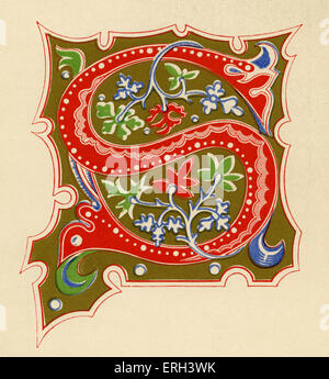 Illuminated letter S. Red on a gold background. Fourteenth  century. (1886 source). Stock Photo