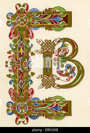 Illuminated letter B in the Opus Anglicum style.  (1886 source). Stock Photo