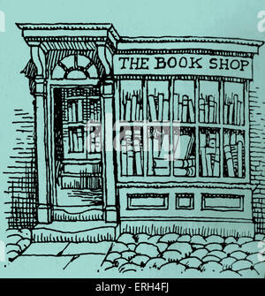 The Book Shop' - drawing of a bookshop front (olde world style). Tinted version. Stock Photo