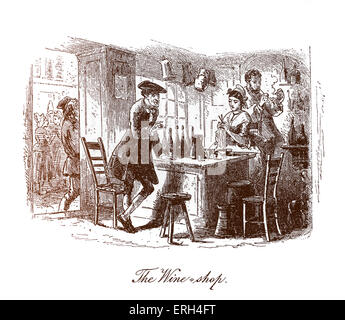 A Tale of Two Cities by Charles Dickens, published in 1859. Illustration by Hablot K. Browne (Phiz), 1815 - 1882. Caption reads: 'The Wine Shop'. John Barsad tells Monsieur and Madame Defarge that Lucie is to marry Charles Darnay. CD: English novelist: 7 February 1812 – 9 June 1870. Tinted version. Stock Photo