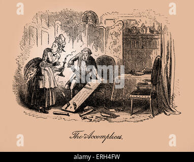 A Tale of Two Cities by Charles Dickens, published in 1859. Illustration by Hablot K. Browne (Phiz), 1815 - 1882. Caption reads: 'The Accomplices'. Miss Pross holds the candle while Jarvis Lorry destroys Dr Manette's shoemaking bench. CD: English novelist: 7 February 1812 – 9 June 1870. Tinted version. Stock Photo